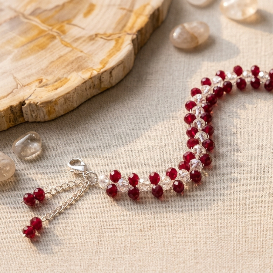 Ruby & Crystal Woven Statement Bracelet